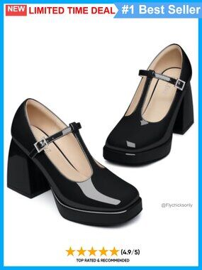 Mary Jane Heels Closed Square Toe T-Strap Chunky Block Heel Pumps